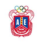Emblema com os anéis olímpicos e o lema Citius Altius Fortius, e um escudo com as letras A E e o texto Bon Pastor